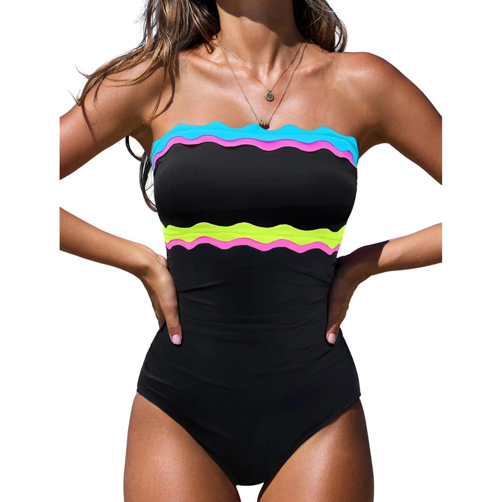 NWT Popvil One Piece Swimsuit Neon Bandeau Tummy Control Removable Straps Medium